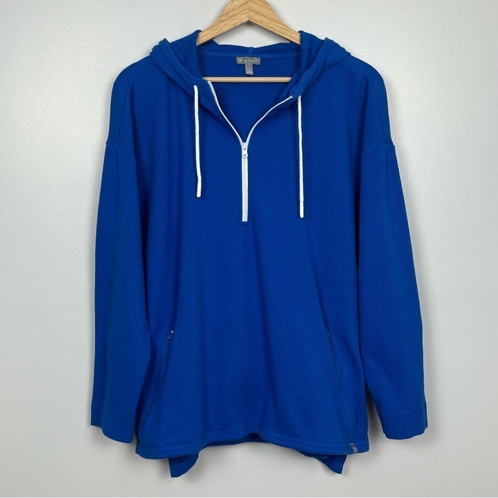 T by Talbots blue cotton poly blend 1/4 zip contrast stripe hoodie, LP.
